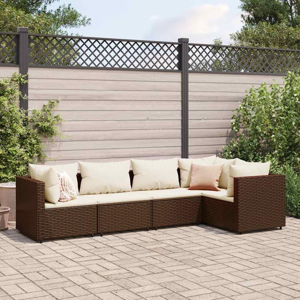 5-Piece Modular Patio Lounge Set in Brown and Cream White, Durable Poly Rattan Outdoor Furniture with Weather-Resistant Cushions and Sturdy Steel Frame for Garden, Balcony,
