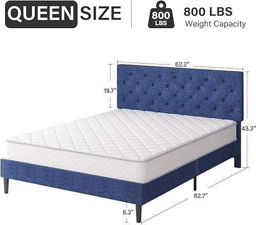 Miniatura 8 de HOMBCK Base de cama Queen con cabecero, marco de cama tapizado de tela de lino, soporte de listones de madera, botones acolchonados, no necesita