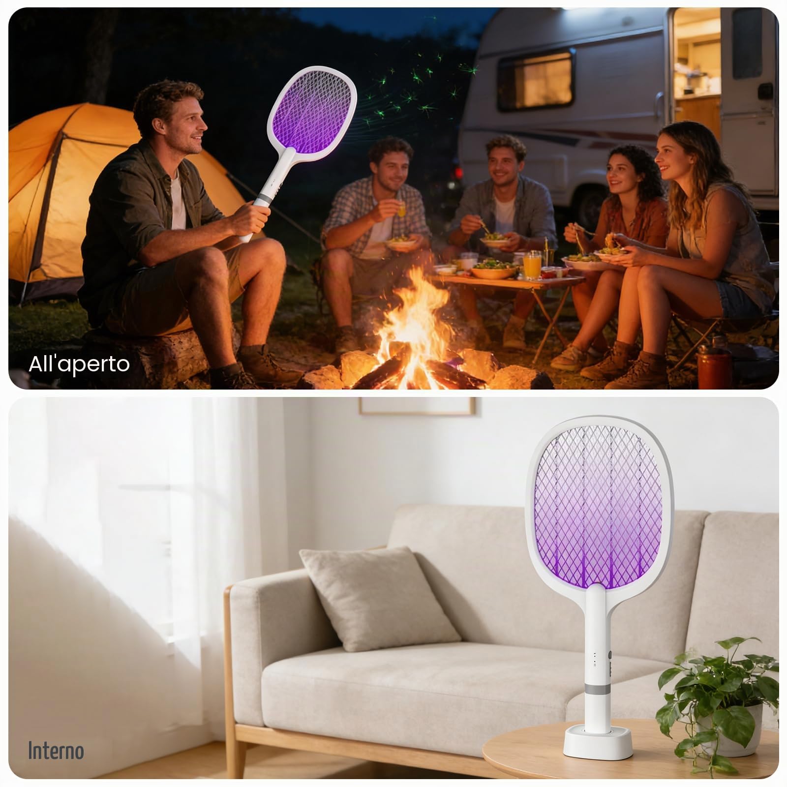 Racchetta Zanzare Elettrica, 5000V Racchetta Zanzare con USB Ricaricabile e LED 2 in 1, Protezione Maglia a 3 Strati Adatto per Casa Giardino Campeggio Interni ed Esterni (2PS)