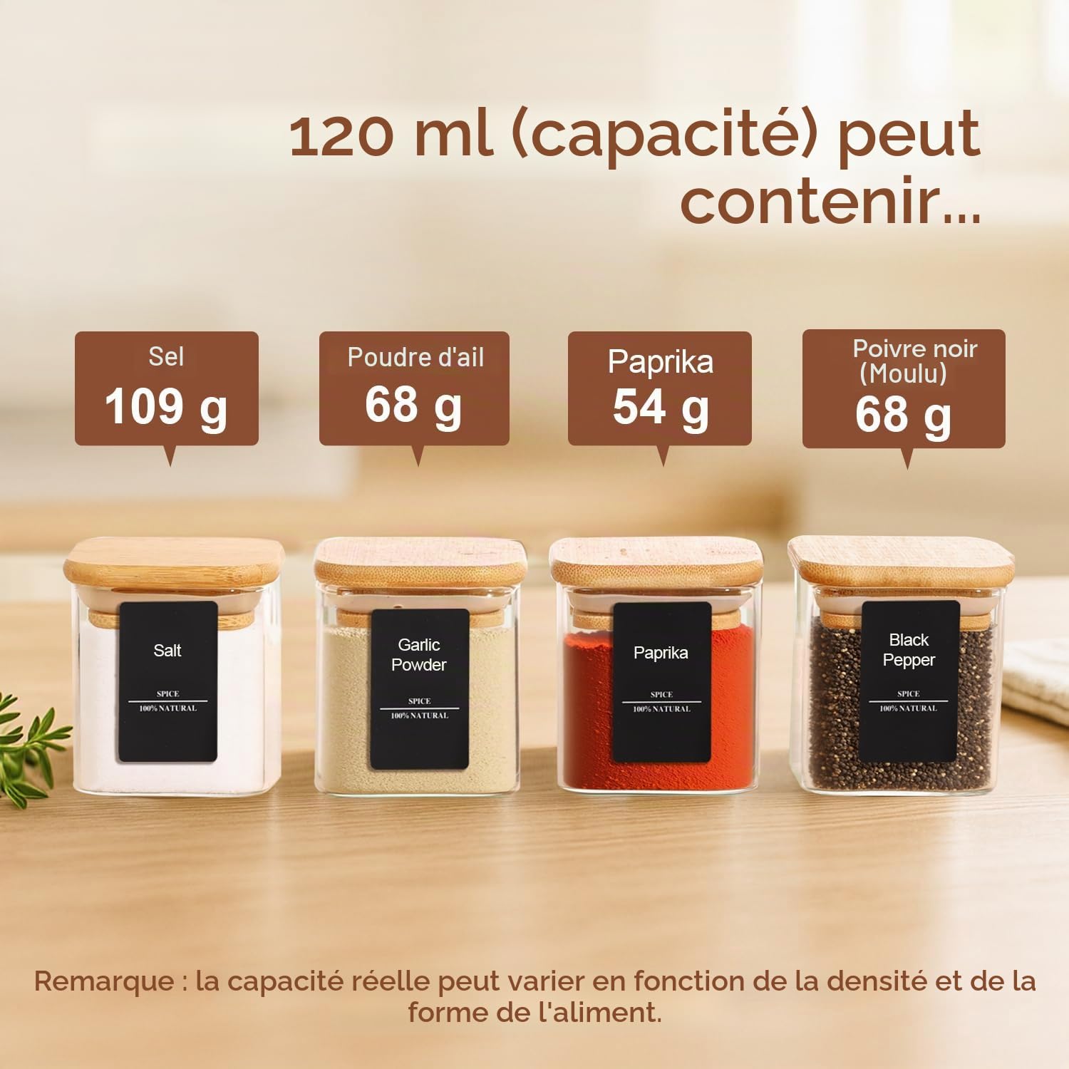 ComSaf Pots à épices en verre 120 ml, lot de 16 avec couvercles | Rangement épices cuisine, Couvercles en bambou, Thé, Café, Curry, Tiroir et placard