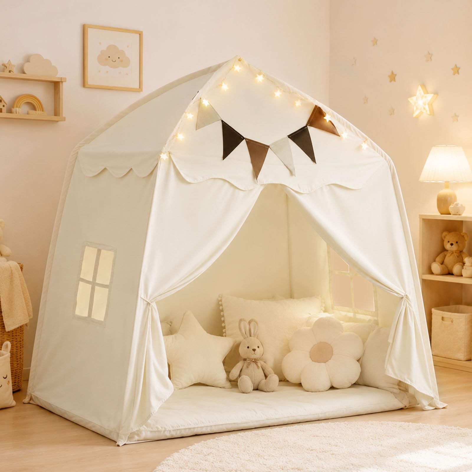 Extragroßes Spielzelt für Kinder – Tragbares & Faltbares Tipi Spielhaus mit Flaggen, Jungen & Mädchen, Kuppelzelt für drinnen und draußen, 150x100x150 cm (Cremefarben)