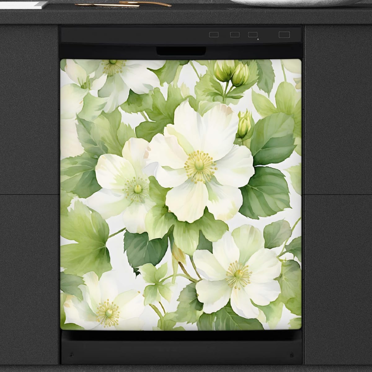 Dishwasher Magnet Cover Fresh White Green Flowers Decorative Magnetic Dishwasher Door Cover Panel for Kitchen Home Decor Refrigerator Decals Washing Machine stickers 23"x26"