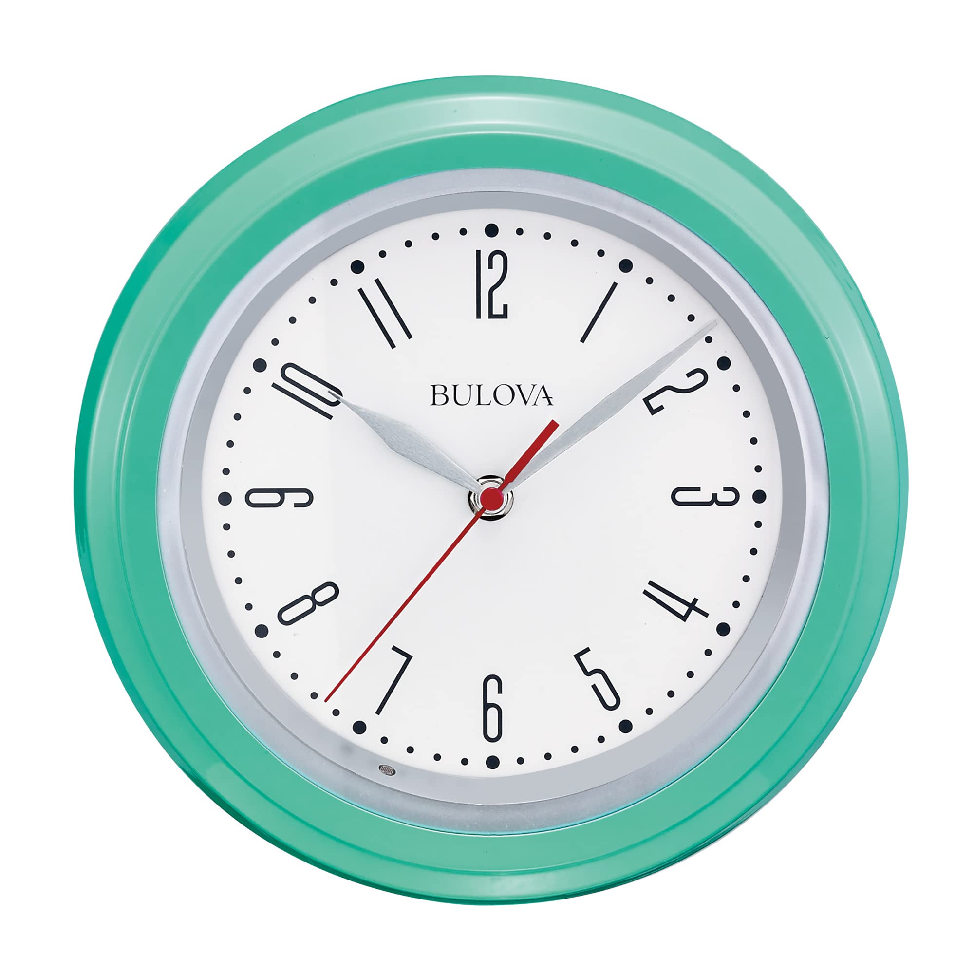 Bulova Clocks C4892 Darian - Reloj de pared decorativo moderno con esfera trasera, luz trasera totalmente iluminada, manecilla silenciosa, color verde azulado