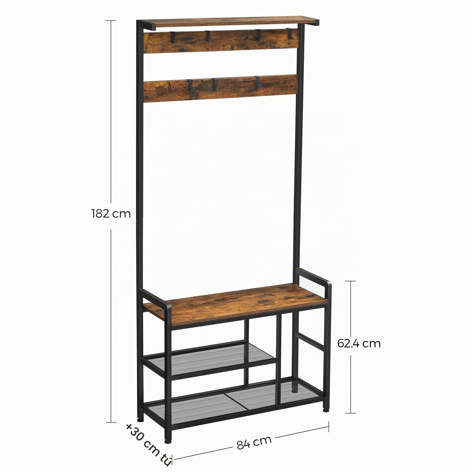 VASAGLE Perchero con Zapatero, Perchero con Banco para Zapatos, con 7 Ganchos, Estantes, para Entrada, Dormitorio, Marco de Acero, Estilo Industrial, Marrón Rústico y Negro HSR088B01