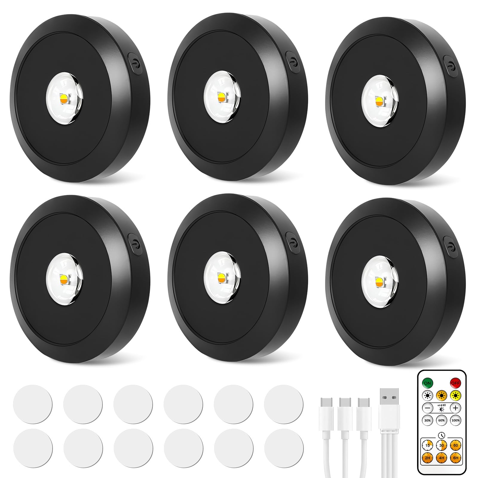 Set di 6 Faretti LED USB con Telecomando, Dimmabili, 30 Colori Cambiabili, Luci Senza Fili per Vetrine, Armadi e Cucina, Illuminazione Adesiva e Magnetica con Timer e Funzione Touch