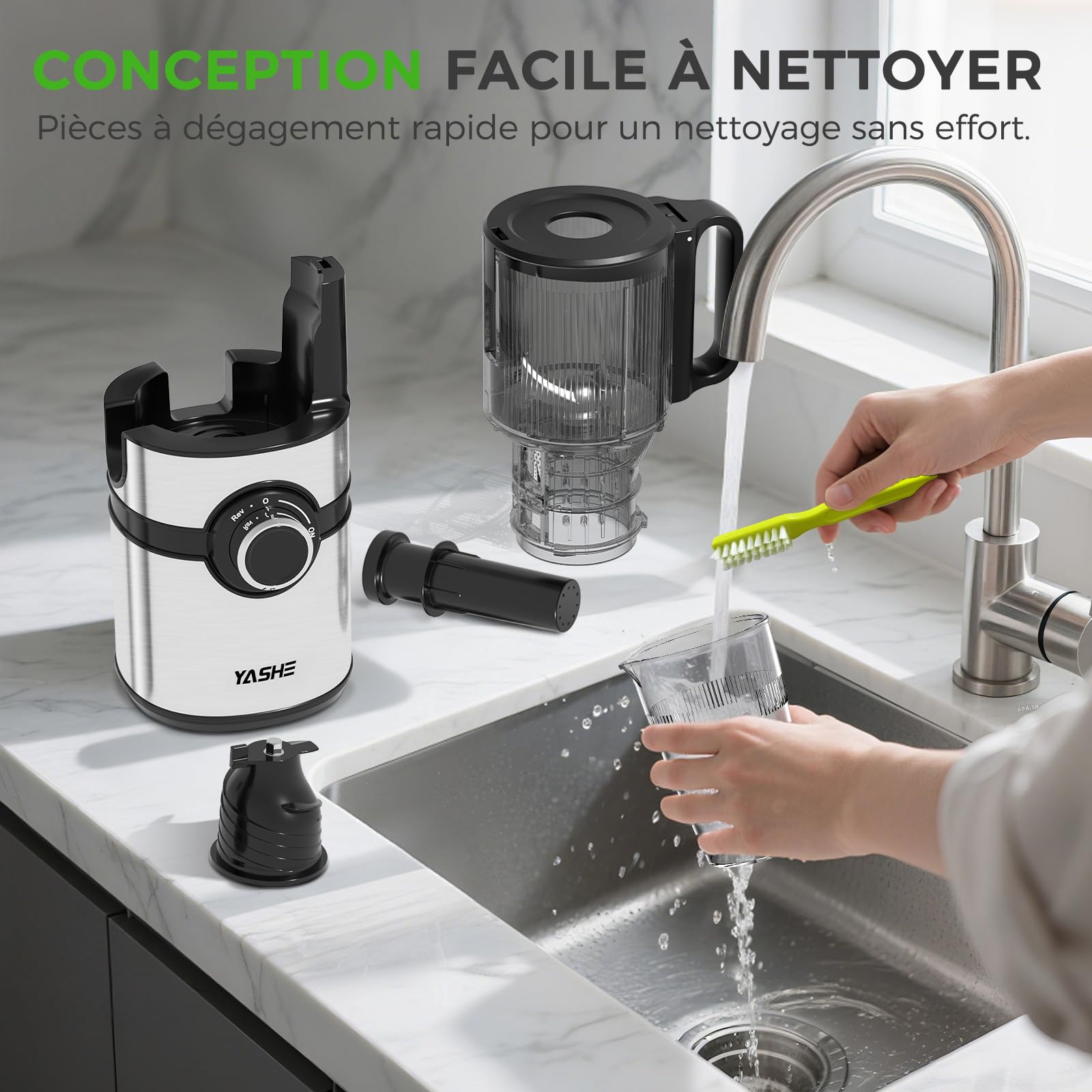 YASHE Extracteur de Jus à Froid, Slow Juicer 127 mm, 50 Tr/Min, Sans BPA, Noir