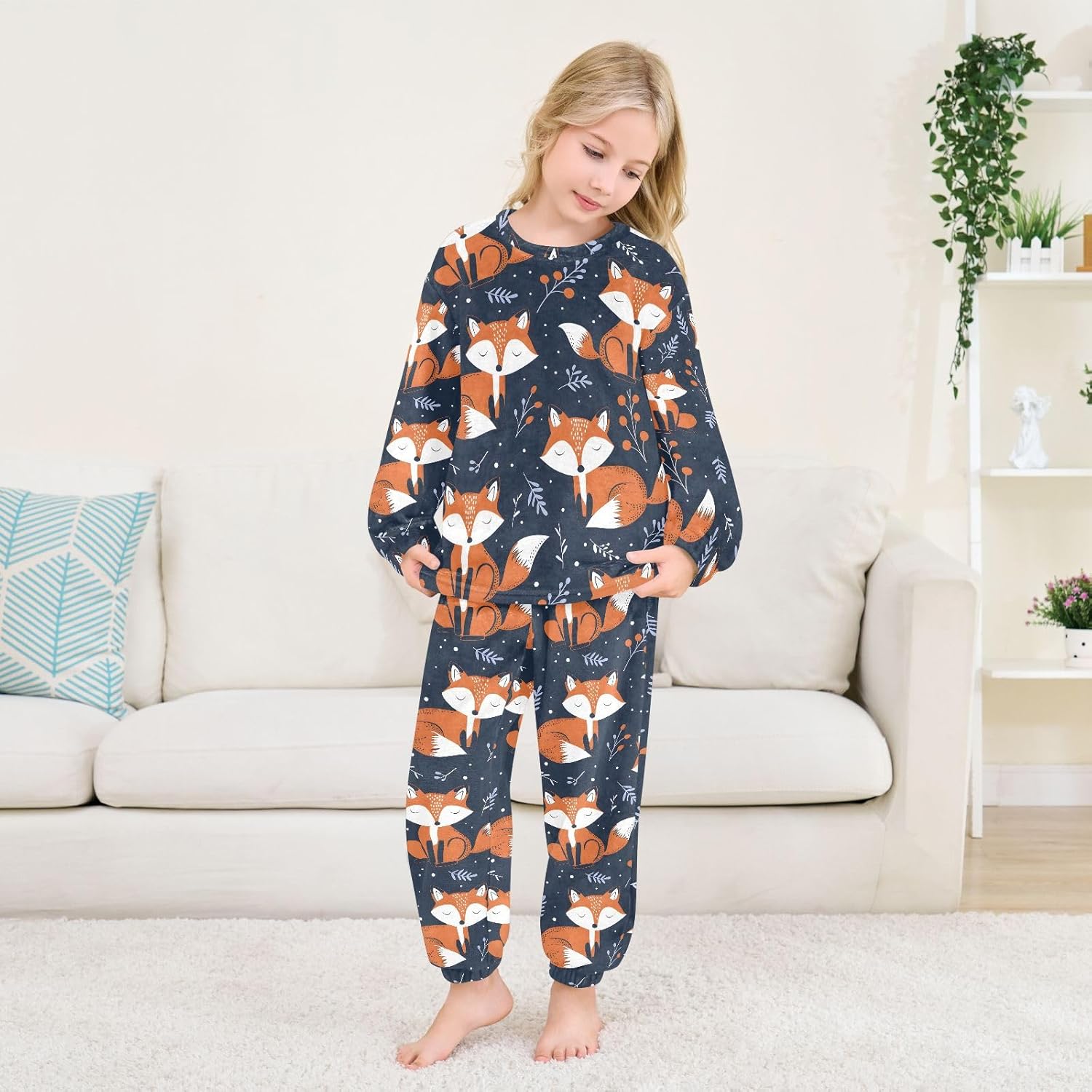 Kids Flannel Sets Fox and Plant Warm Plush Relaxed Clothing for Boys and Girls