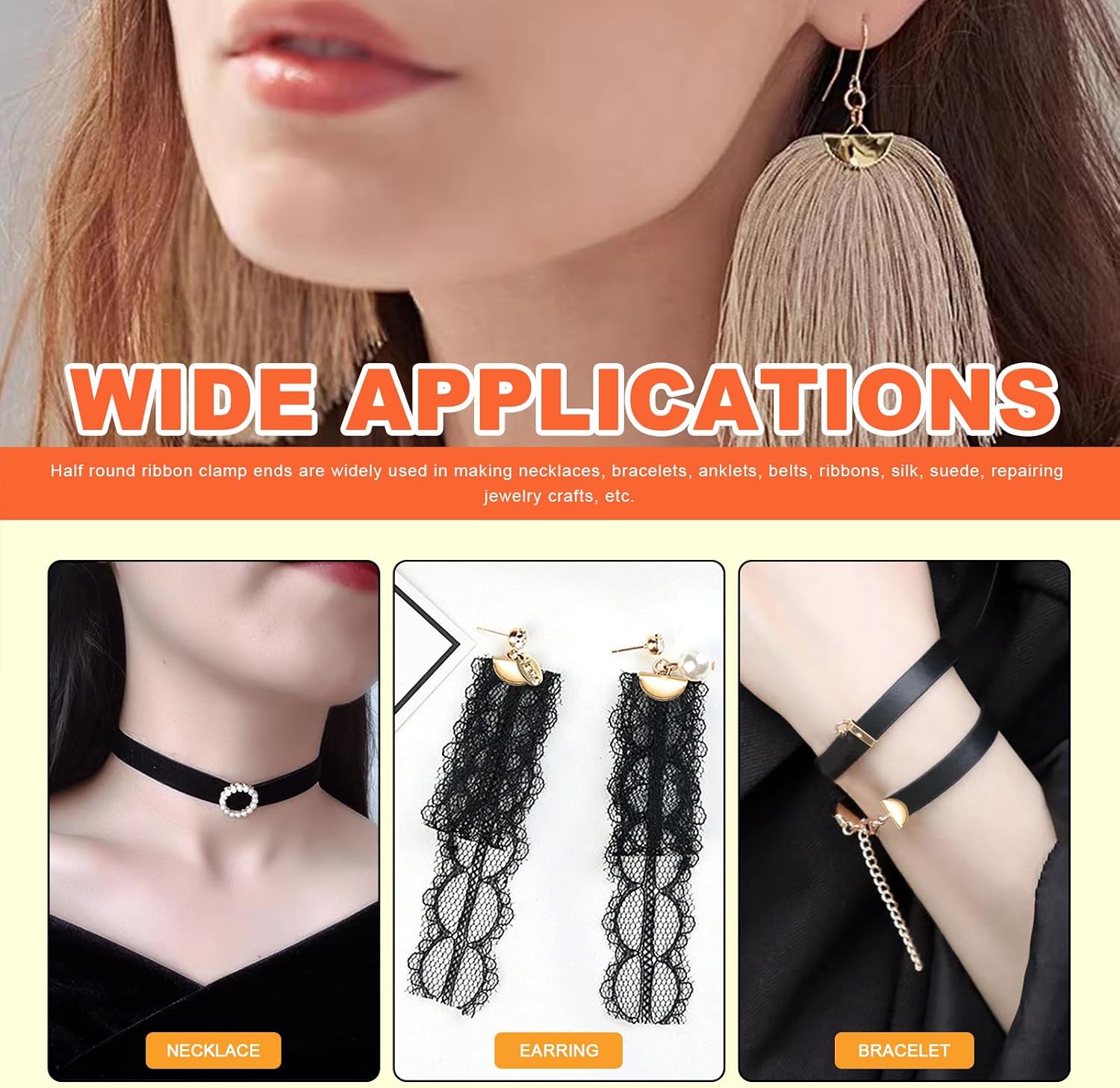 Tanstic 240Pcs 4 Colors 4 Sizes Pinch Crimp Ends Kit, Half Round Ribbon Ends Crimps Ribbon Clamp Ends Bookmark Pinch Crimp Cord Ends Leather Crimp Ends Fastener Clasps for Jewelry Making