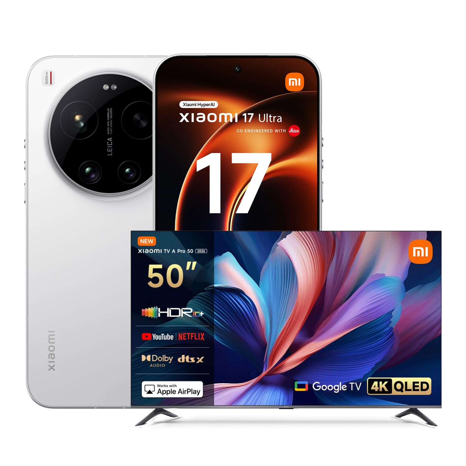 XIAOMI 17 Ultra, Smartphone 16+512GB, Teleobiettivo Lenti Leica APO 200MP 75–100mm, Tecnologia LOFIC HDR, HyperAI, White, Garanzia 2 anni+1 anno extra, Caricatore non incluso+TV A Pro QLED 50"