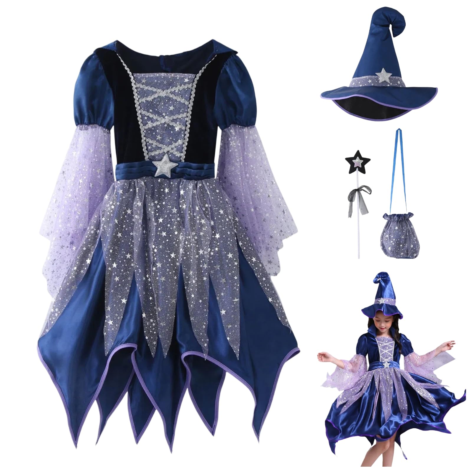 Black Witch Themed Dresses for Girl UK Fancy Dress Up Outfit Sparkly Tulle Halloween Party Dress with Hat Magic Wand and Candy Bag Masquerade Themed Wear For Toddler Stage Performances Festiv 10 Years