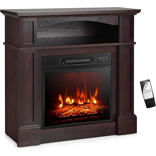 GOFLAME 32" Electric Fireplace with Mantel and Remote Control, Freestanding Mantel Fireplace Heater with 3 Flame Brightness, Thermostat, 6H Timer, Overheat Protection, CSA Certified, 1400W (Brown)