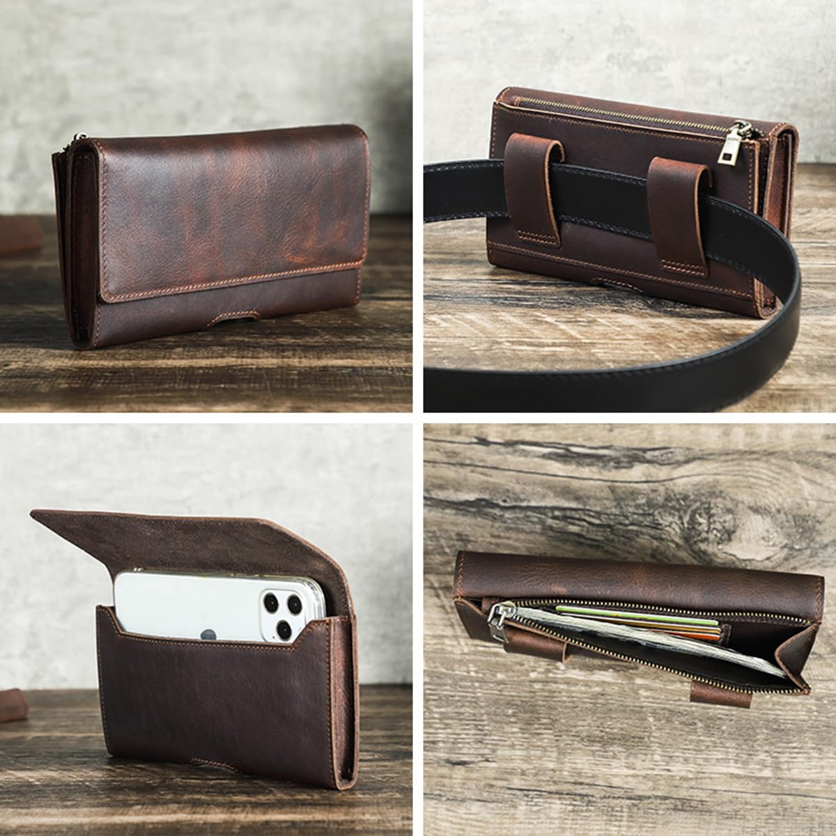 Retro Horizontale Handy Gürtelholster Tasche für iPhone 16 Pro/15 Plus/14 Pro Max, Herren Echtleder Gürteltasche Handyholster für Samsung Galaxy S25/S24/S23+, Outdoor Reise Holster Hülle Coffee