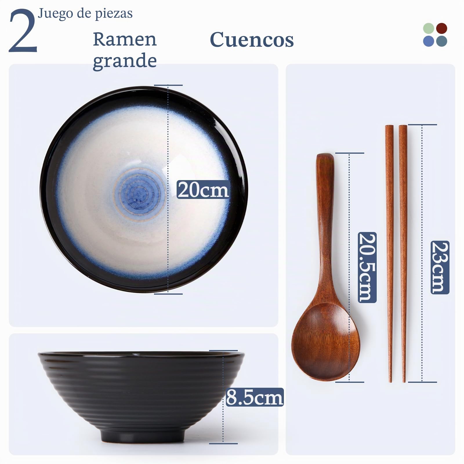NUTRIUPS Juego de 2 cuencos de cerámica para ramen de 1200 ml con palillos y cucharas (azul luna)