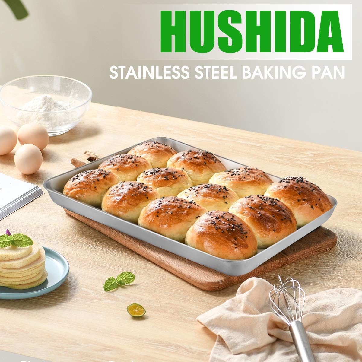 HUSHIDA Stainless Steel Baking Sheet Pan Set, 16 x 12 inches, Includes 2 Sheets + 2 Cooling Racks, Silver, Chemical Free