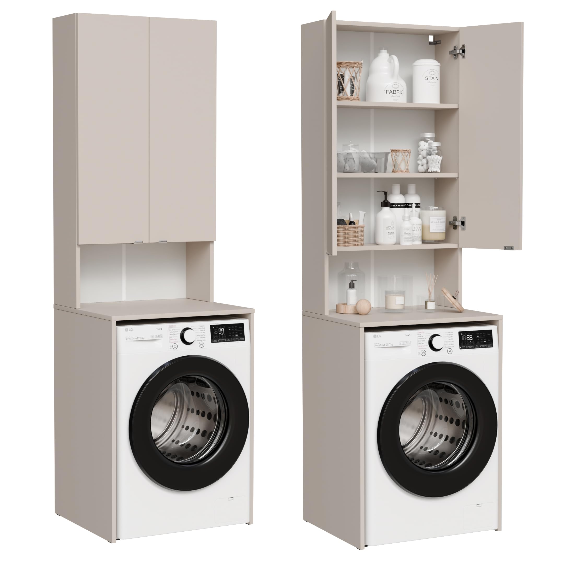 PLATAN ROOM Armadio per lavatrice e asciugatrice, 210 x 66 x 50/56 cm, bianco (cashmere (beige), profondità 56 cm)