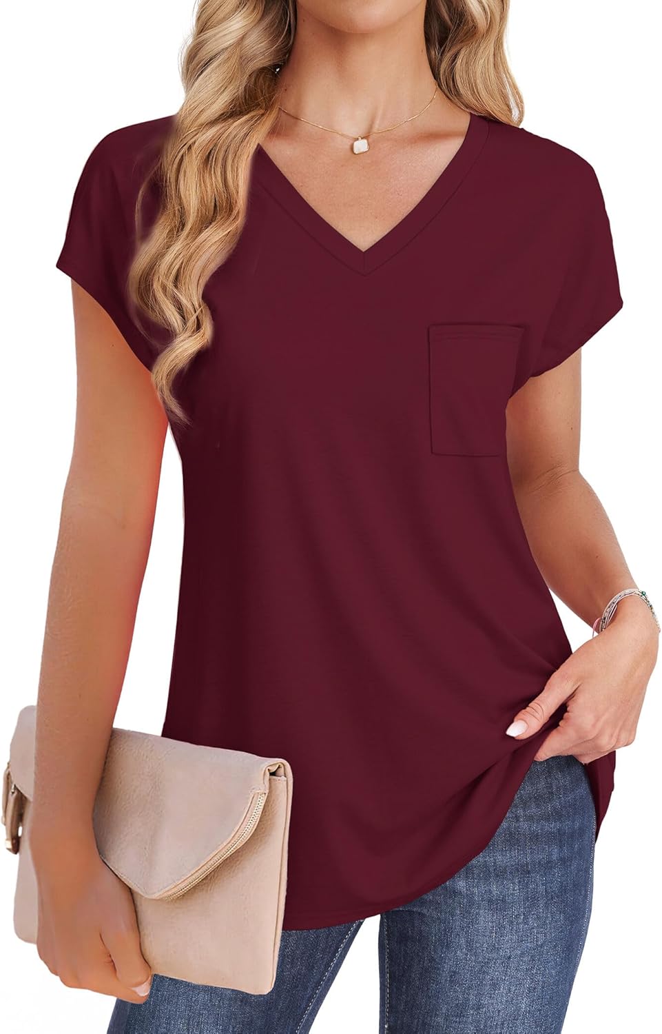 Shirts for Women Short Sleeve Trendy Tops Work Casual Summer T Shirts V Neck Vintage Tees with Pocket Burgundy M - Image 3