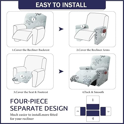 Miniatura 25 de Funda reclinable, elástica, suave, antideslizante, para silla reclinable, 4 piezas, protector de muebles para sillón reclinable con bolsillo