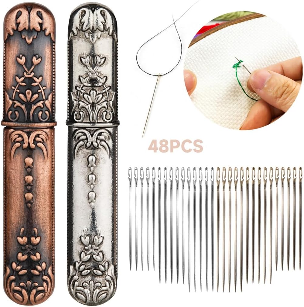 Vintage Needle Holder Set With 48 Self-Threading Needles, Stainless Steel Storage Case For Embroidery & Crafts