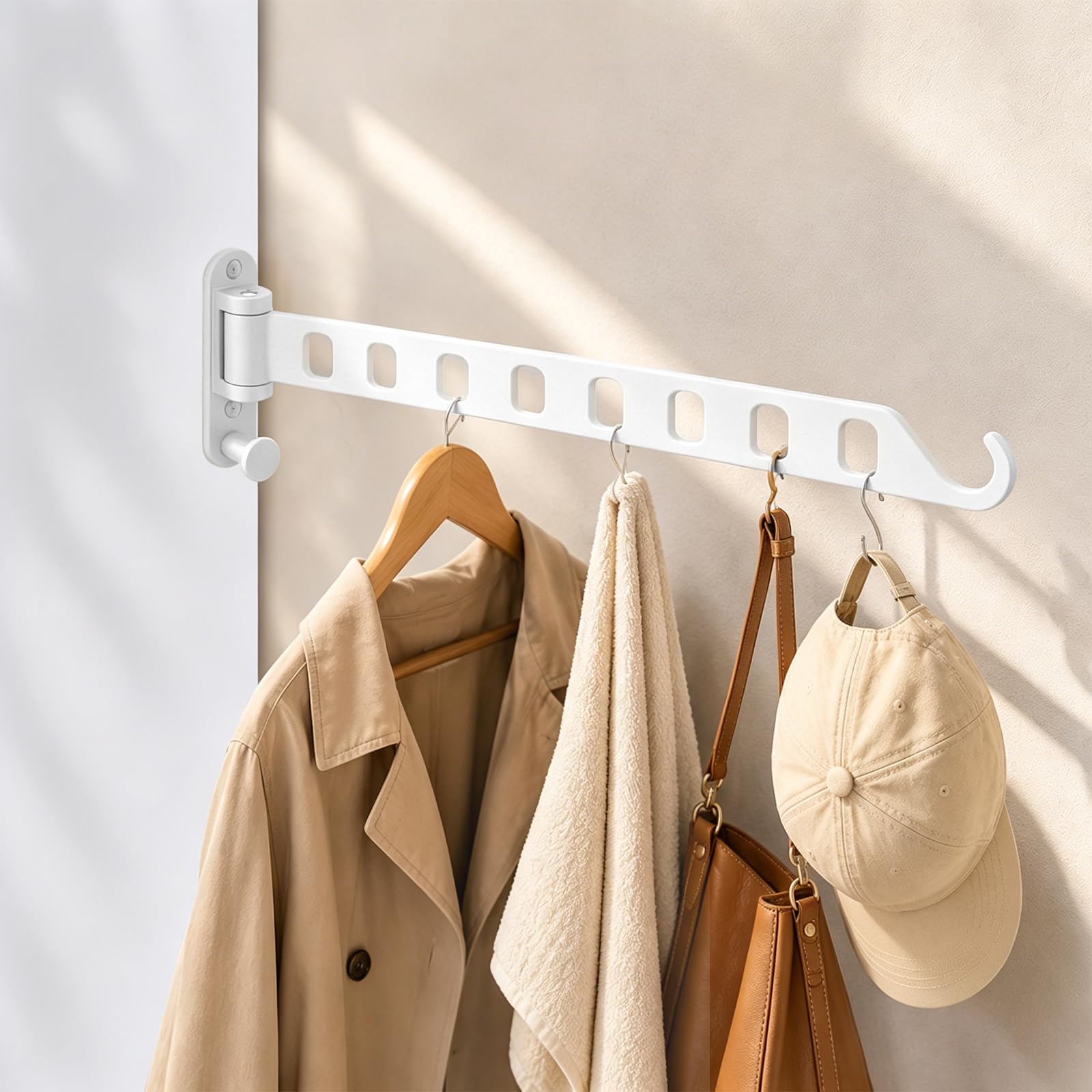 TIANLIN Appendipanni Pieghevole a Muro, 8 Ganci in Lega di Alluminio, Rotazione 180°, con Kit di Montaggio e Copriganci – Bianco – Per Bagno, Balcone, Camerino, Hotel, Dormitorio