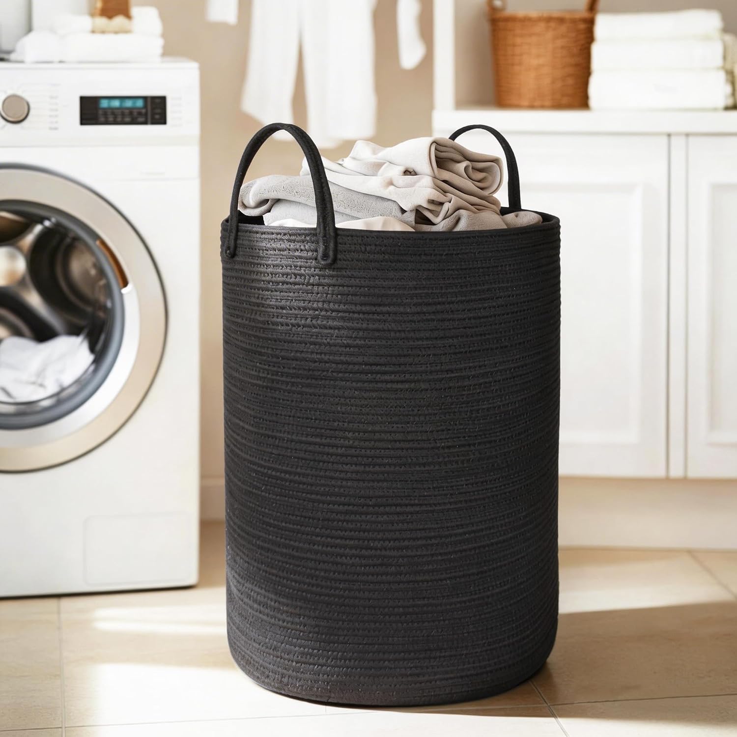 MEGASKET Large Woven Laundry Basket, 80L Tall Blanket Storage for Living Room, Cute Nursery Kids Baby Laundry Hamper, Cloth Hamper for Bedroom Aesthetic, Cotton Rope Floor Toy Storage Bin, Black