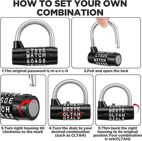 Miniatura 4 de Cerradura de combinación de 5 letras, 4 unidades, casillero de gimnasio de 5 dígitos, candado de combinación de candado de metal reiniciable sin