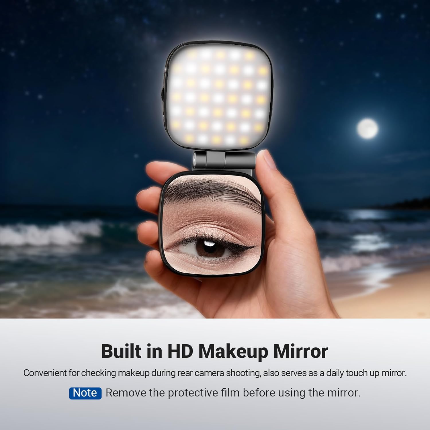 A person using the built-in HD makeup mirror of the NEEWER Basics NL45B selfie light to check their makeup during a rear camera photo shoot.