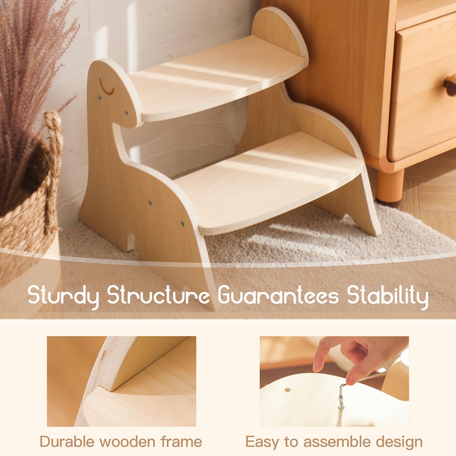 Sgabello in legno per bambini, torre di apprendimento Montessori, torre di apprendimento per bambini, dinosauro, sgabello a 2 livelli, mobili per bambini con animale, dinosauro