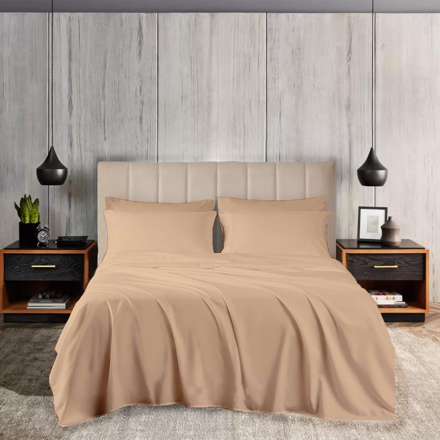 Pashmina 4 Piece Beige Bed Sheet with 40 cm Deep Pockets-Bedding Set - Fitted Sheet, Flat Sheet & 2 Pillowcases Easy Care, 800 Thread Count Silky Soft Egyptian Cotton(King Size)