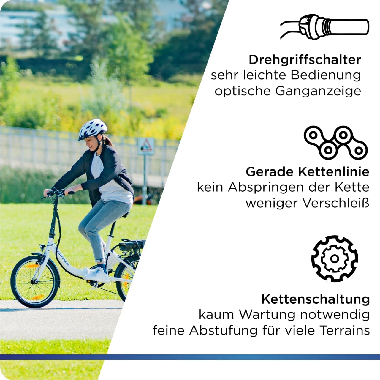 Infographic showing ZÜNDAPP ZF20 Speed Folder's gear system: easy-to-use twist grip shifter, straight chain line to prevent derailing, and fine gear gradation for various terrains.