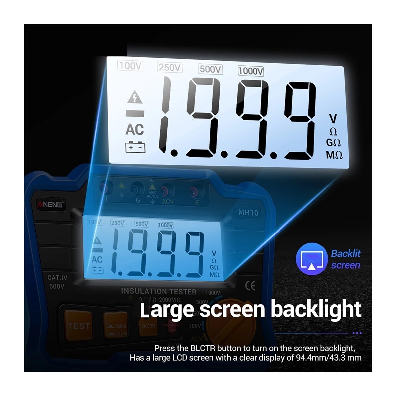 Probador Megger Megóhmetro digital MH10, comprobador de resistencia aislamiento, multímetro con pantalla LCD(Oranje)
