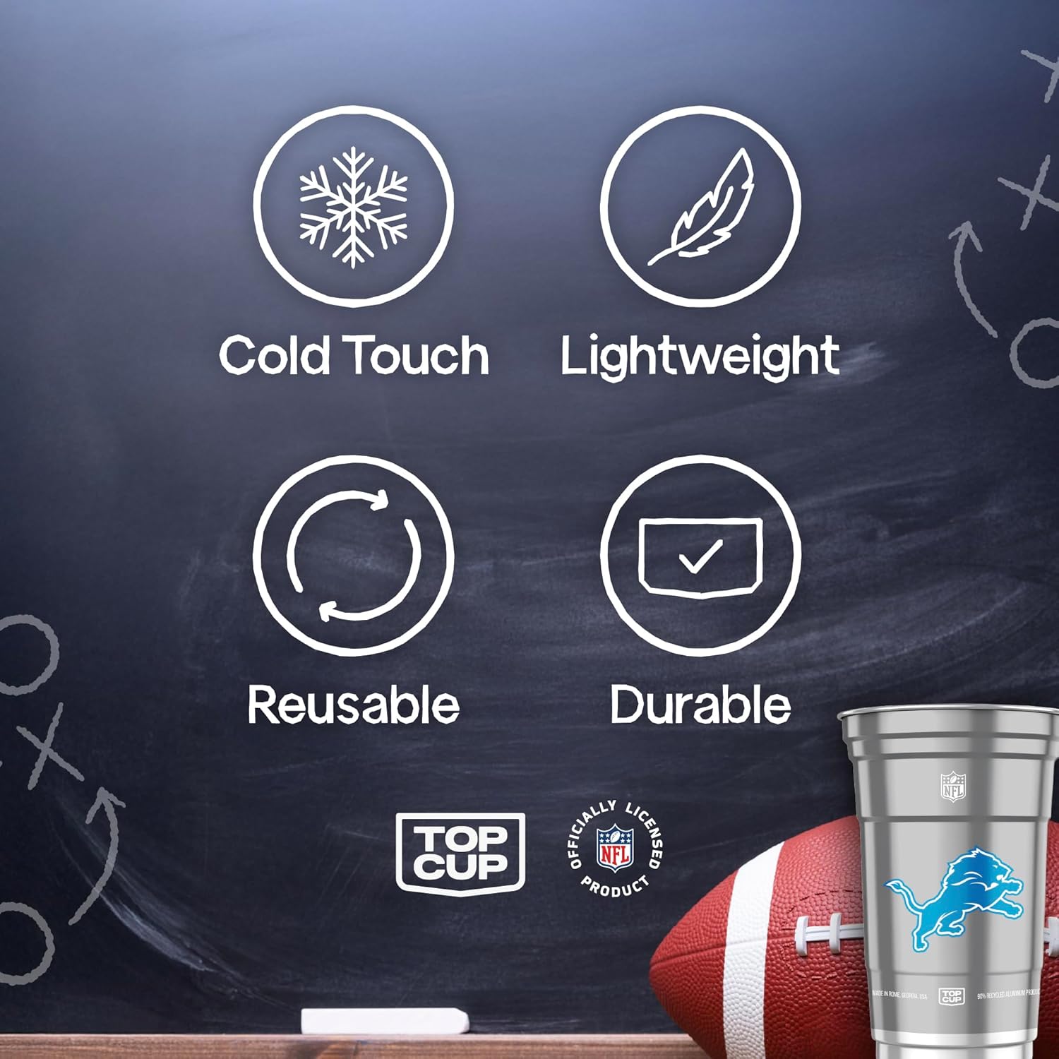 Top Cup NFL Detroit Lions 20 oz Reusable Aluminum Cups 20 Count | Officially Licensed, Durable, Reusable & Recyclable, Made in USA