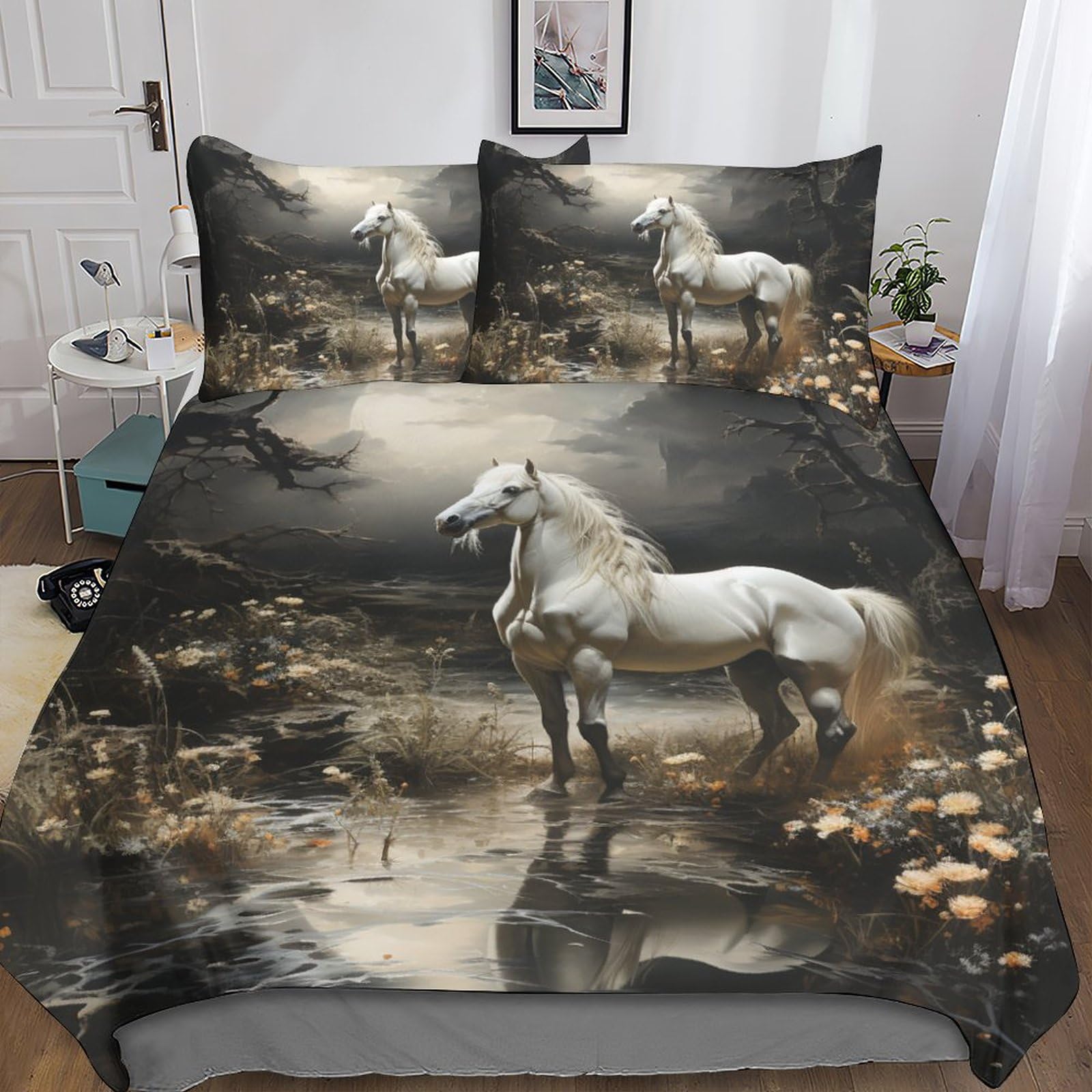 Housse de couette blanche et noire cheval, idée cadeau pour lit ado