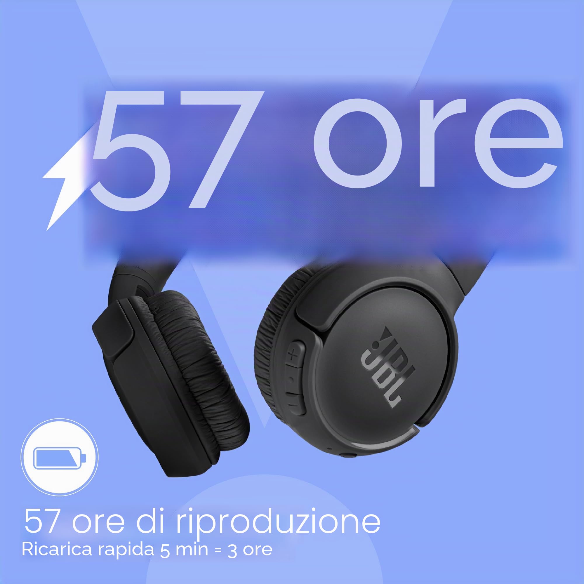 JBL Tune 520 BT Cuffie On-Ear Bluetooth Wireless, Pieghevoli e Leggere, Microfono e Comandi su Padiglione con Voice Aware, JBL Pure Bass, Connessione Multipoint, fino a 57 ore di Autonomia, Nero
