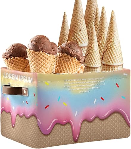 ZOEO Cesta de almacenamiento grande, diseño de unicornio, arco iris, fresa, helado, cono, plegable, con asas de cuero para estantes, armario,