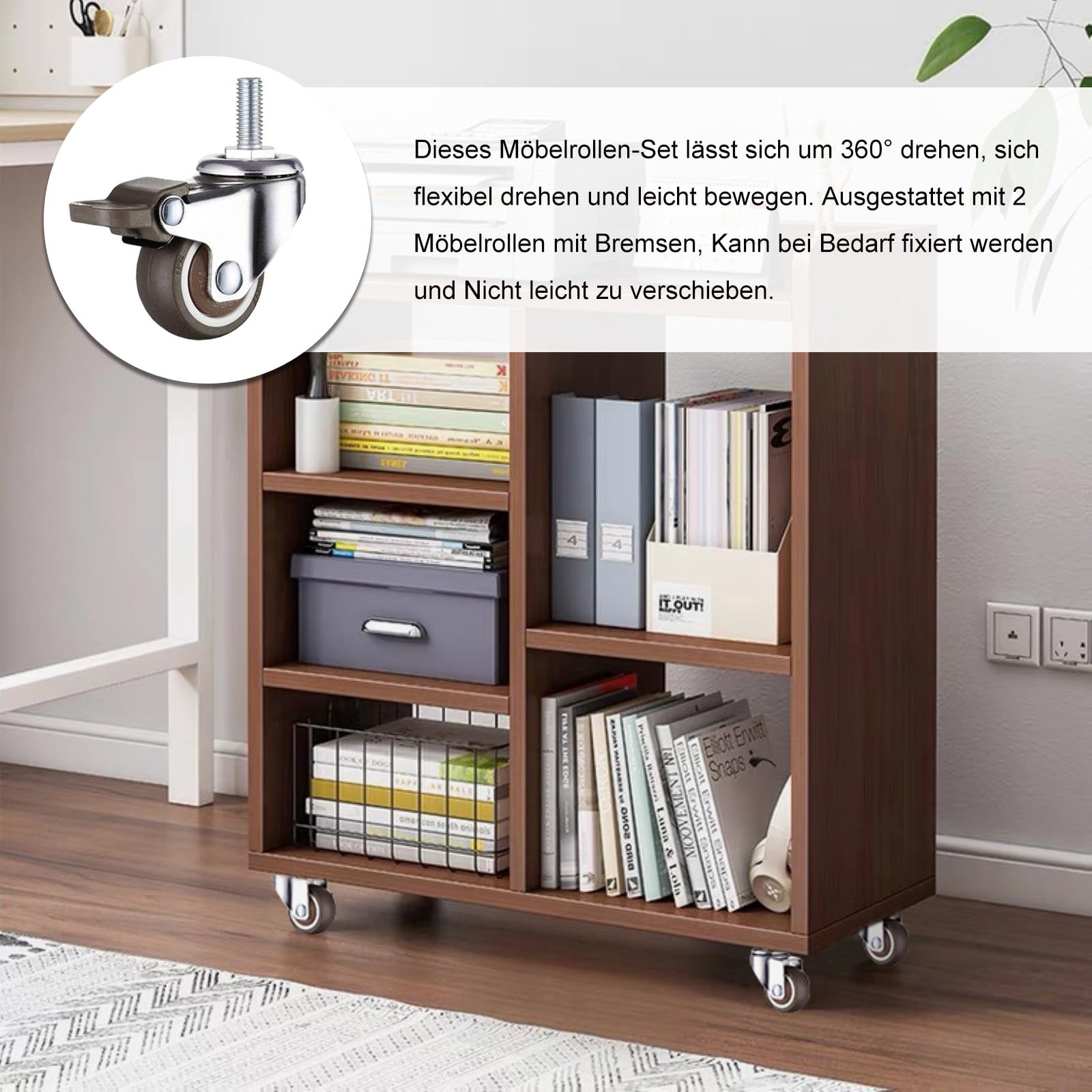 Ruote per Mobili, 4 pezzi M6x15mm con Filettatura in Ruote Girevole in Gomma, 25mm Ruota per Mobili Set, 360° Ruota Girevoli Silenziose con 2 Freno e 2 Senza Freni, per Carrello, Banco da Lavoro