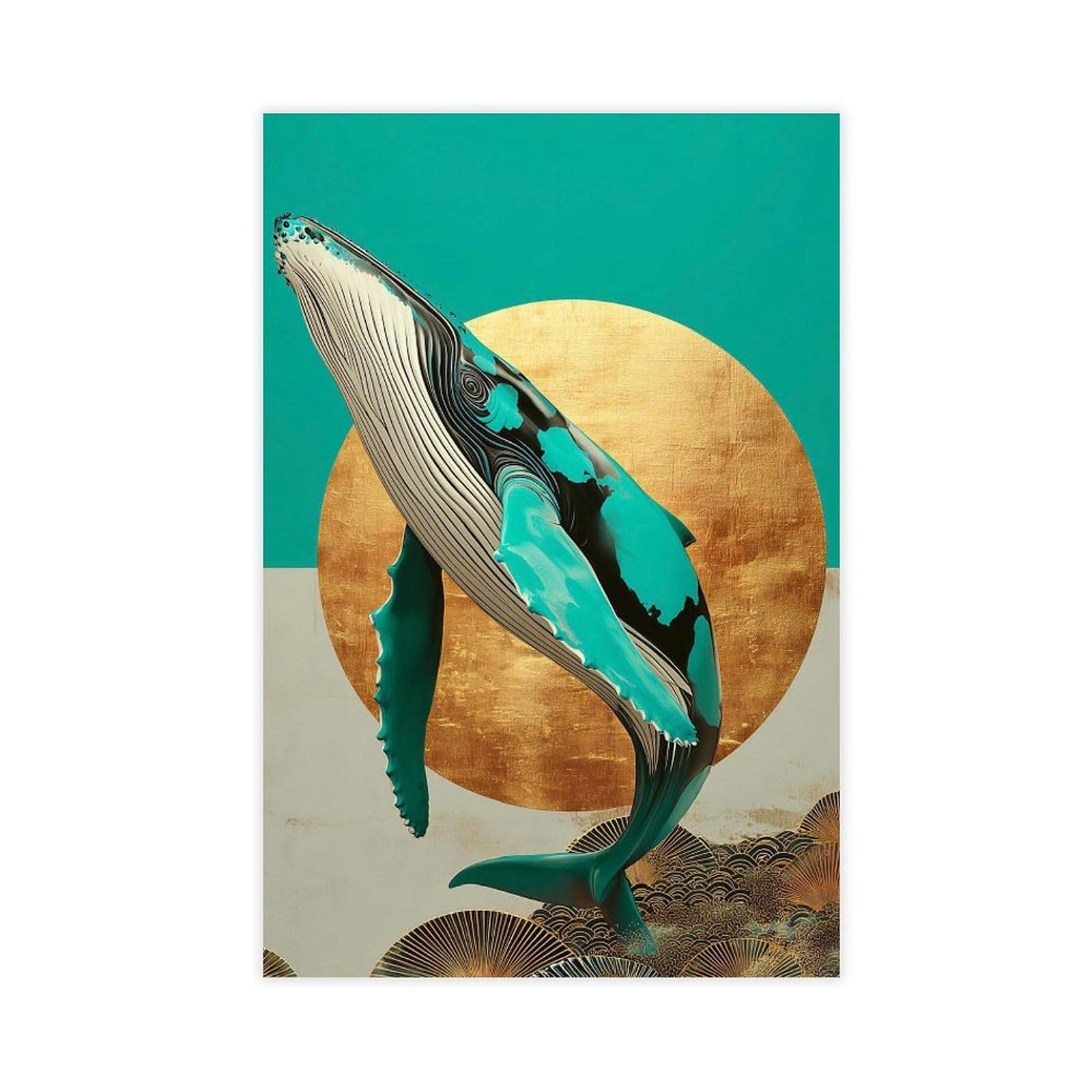 Jfecth Unframe-Style Stylized Whale Turquoise Gold Sun Poster Canvas Poster For Living Room Decor Gift