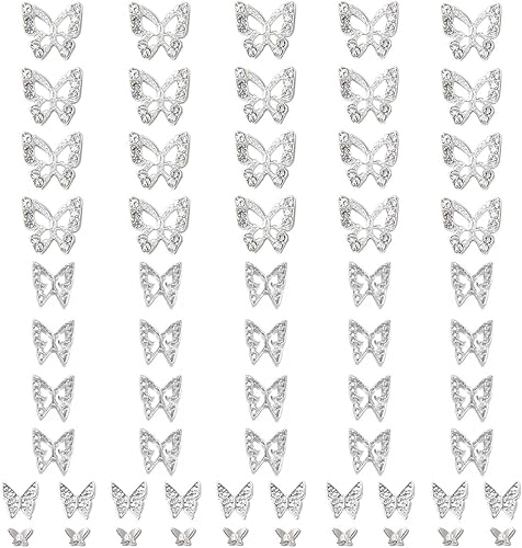 Dijes para uñas de mariposa plateada, 40 dijes 3D para uñas acrílicas, 20 gemas de diamantes de imitación de mariposas + 20 tachuelas de aleación,