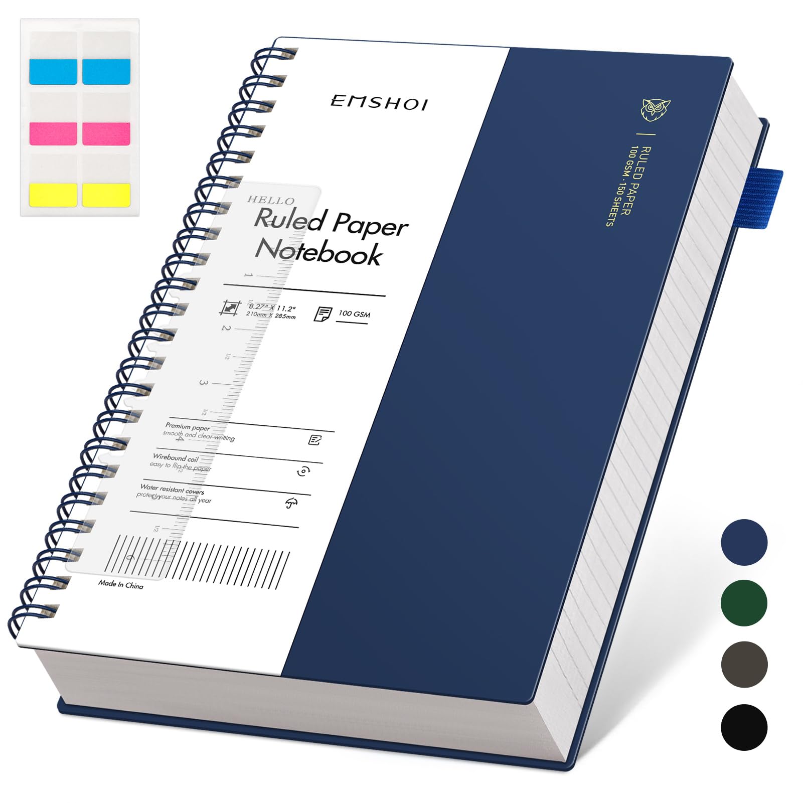 EMSHOI A4 Notebook College Ruled, Spiral Notepad 150 Sheets/300 Pages, 100gsm, PVC Cover, Sticky Notes, Pocket, Pen Loop