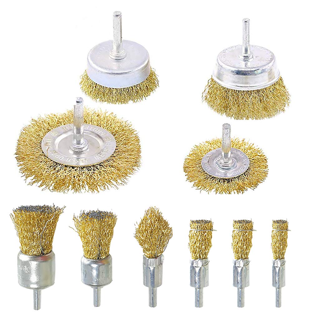 ManLee 10Pcs Brass Coated Wire Brush Kit for Drill Wire Wheel Cup Brush Brass Brush Drill Attachment For Removal of Rust Corrosion Paint 4Sizes