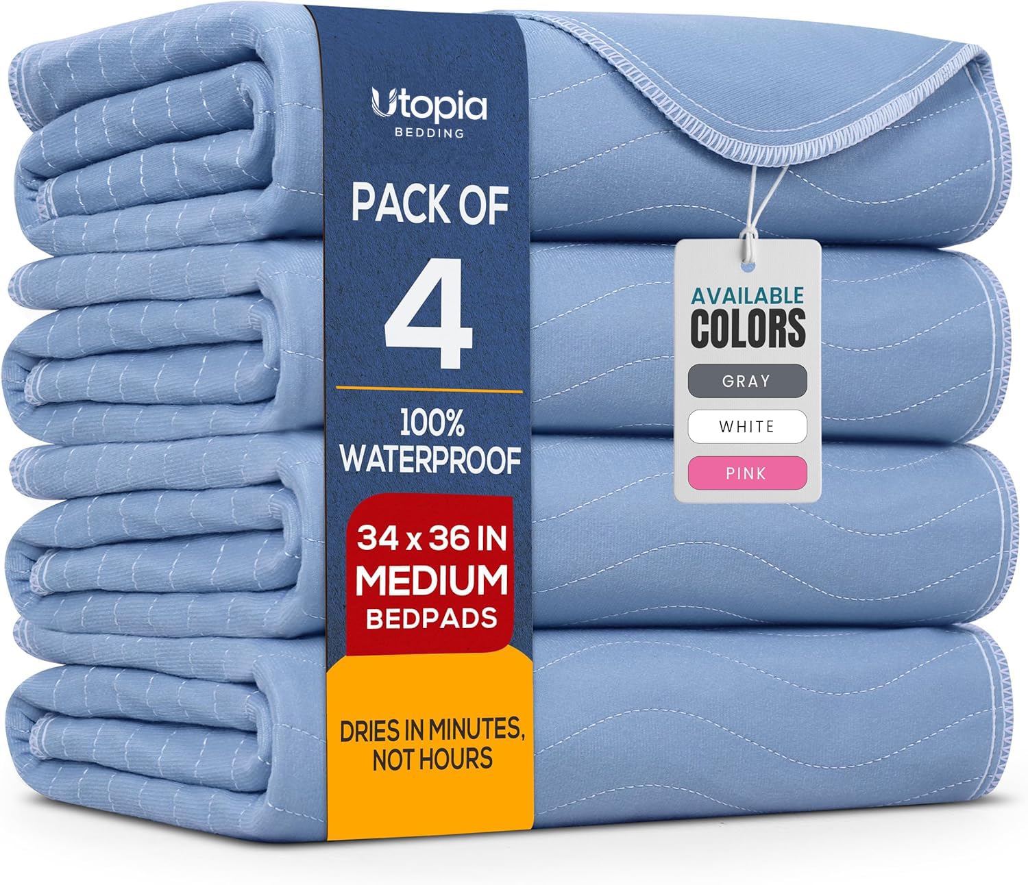 4 Pack Waterproof Reusable Heavy Absorbency Incontinence Bed Pads 34"x36" | Utopia Bedding Washable Underpads, Chuck Pads for Adults, Kids, Elderly and Pets, Bedwetting Pads for Sofa and Couch, Blue