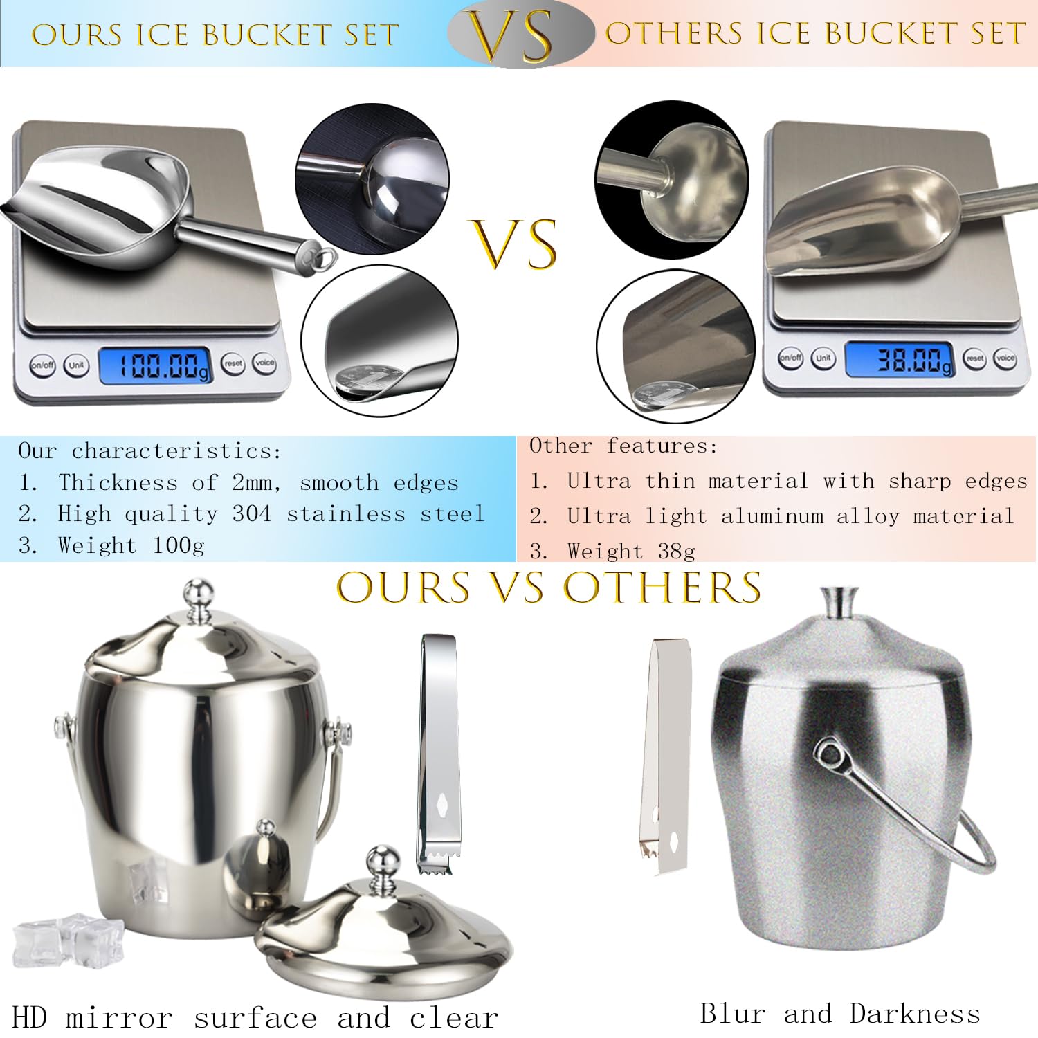 Cubo de hielo para champán con pinzas con tapa de cucharada, cubo de hielo de doble pared para bar de vinos con soporte y asa de transporte, cubo de espejo de acero inoxidable para fiestas, bar y 6