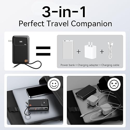 Vista 3 de Cargador de teléfono portátil de 10000 mAh, banco de energía para iPhone con cable integrado, PD35W USB C batería con enchufe de pared GaN de 65 W