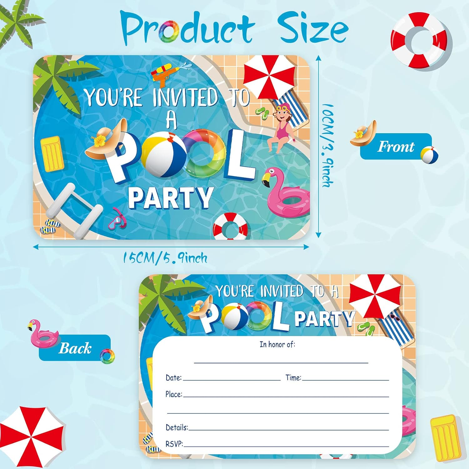 Pajean 30 Set Pool Party Invitations with Envelopes,Summer Birthday Party Supplies Invitations Cards for Boys Girls,Pool Invite Cards