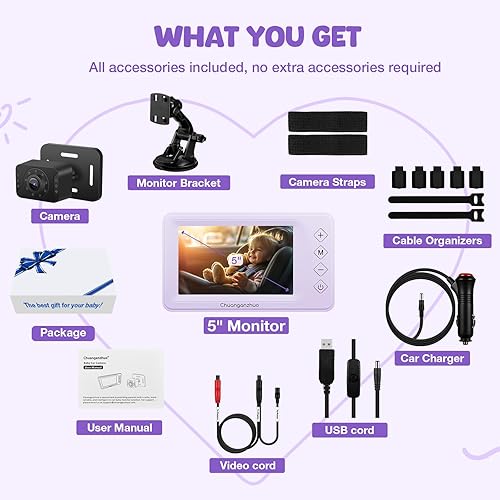 Miniatura 8 de Cámara de coche para bebé con visión nocturna nítida avanzada, zoom 3X, alimentado por USB, monitor de bebé de coche AHD 1080P IPS de 5 pulgadas,