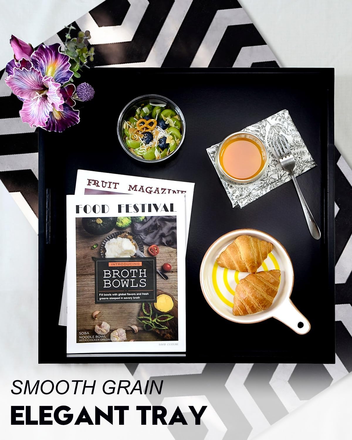 20 Inches Square Wooden Ottoman Tray Black, Large Wood Serving Tray with Handles for Living Room, Serving Food Breakfast, Ottoman Coffee Table Couch Sofa Kitchen - Image 4