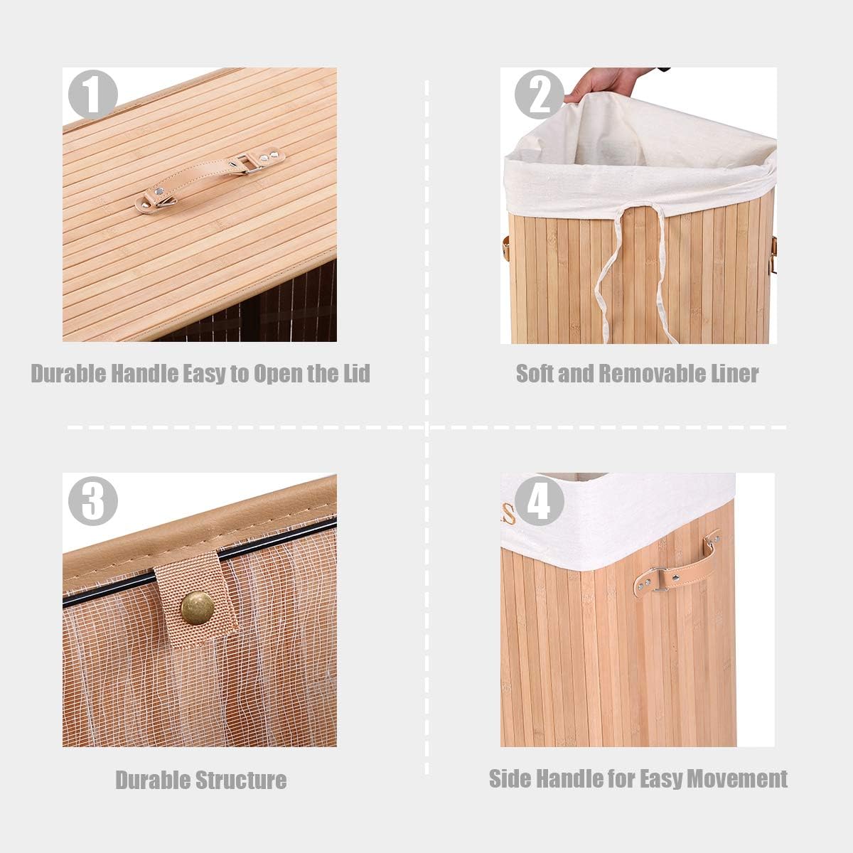 Giantex Laundry Hamper Bamboo Laundry Basket, Clothes Hamper with Lid and Removable Liner, Collapsible Storage Basket with Handles, Rectangle Clothes Bin for Laundry Room Bedroom (Beige)