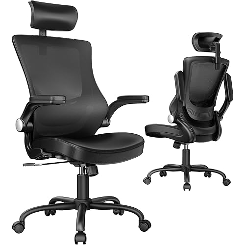 Marsail Office Chair Ergonomic Desk-Chair: Mesh Back Computer Chair with PU Leather Seat,Adjustable Lumbar Support&Flip-up Armrests, Adjustable Height Home Office Desk Chairs