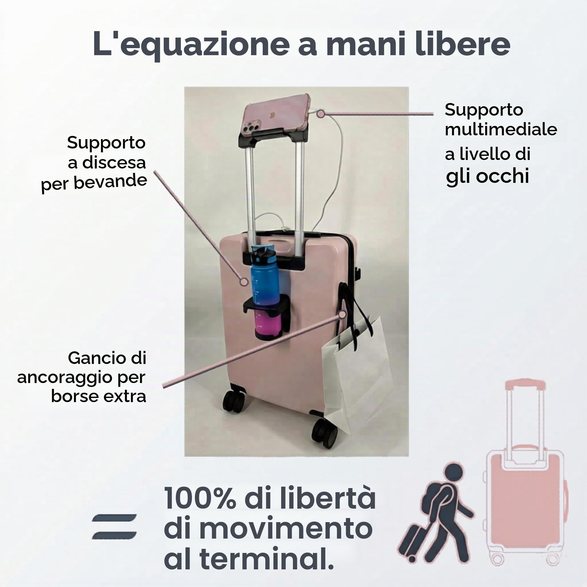 CAMIR-Valigia da cabina con USB Smart Bagaglio Trolley a mano Borsa multiuso Tasca frontale Bagaglio a mano portatile 4 ruote, Valigia da cabina con lucchetto TSA 55x35x23,5 ABS+PC (ROSA)