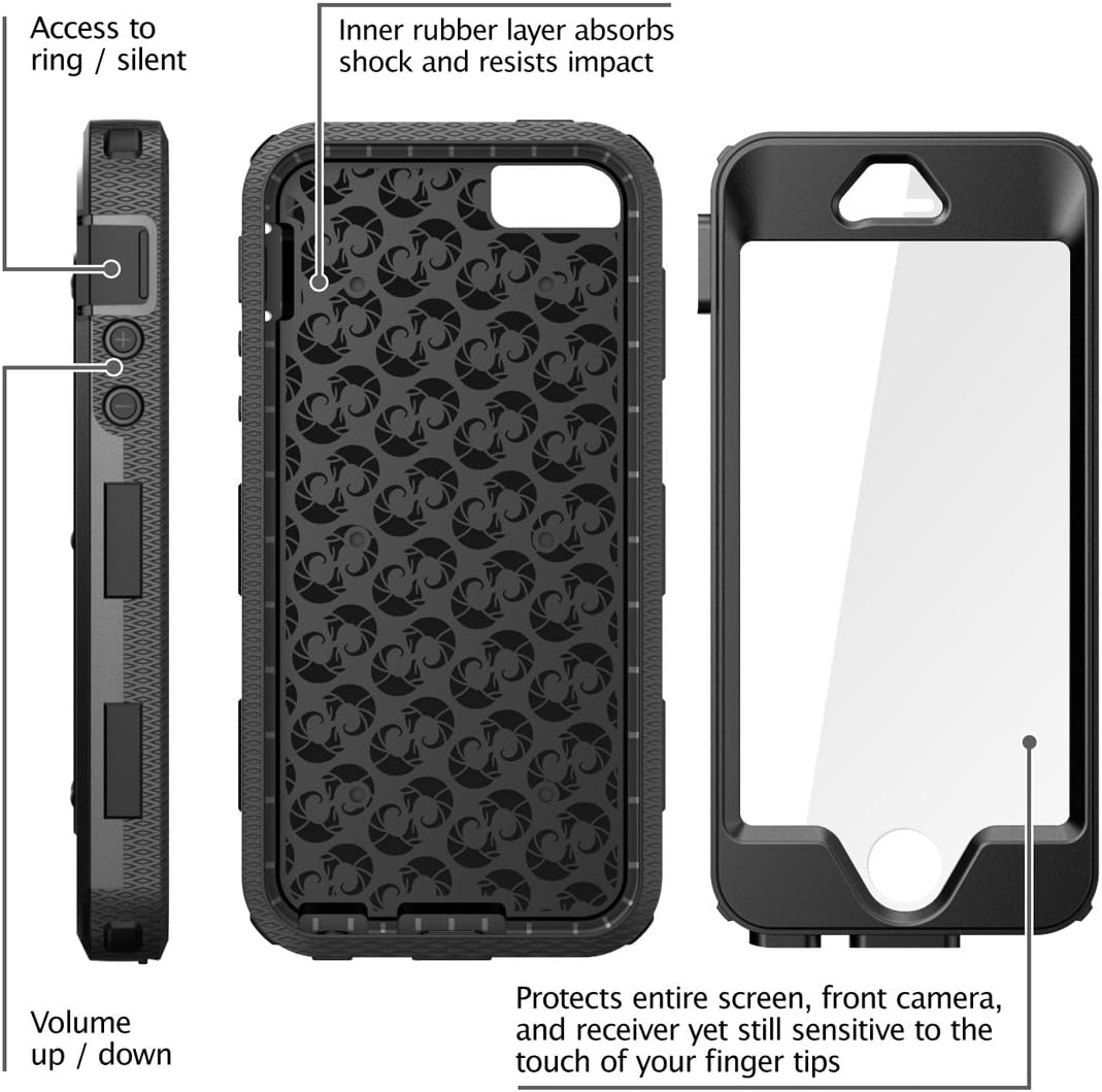 iPhone 5S Case, [Heave Duty] **Slim Protection** i-Blason Armorbox [Dual Layer] Hybrid Full-body Protective Case with Front Cover and Built-in Screen Protector / Impact Resistant Bumpers Cover with Holster Combo for Apple iPhone 5 / 5S (Black)