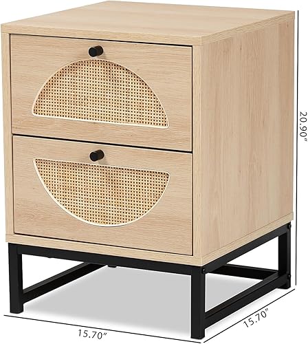 Miniatura 3 de Baxton Studio Ardon - Mesa auxiliar bohemia con 2 cajones de madera con acabado marrón claro y metal negro con ratán natural